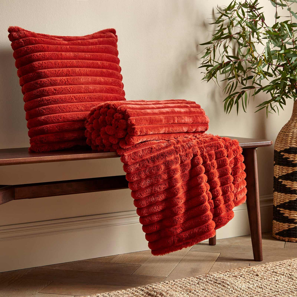 Cosy Ribbed Faux Fur Throw Burnt Orange