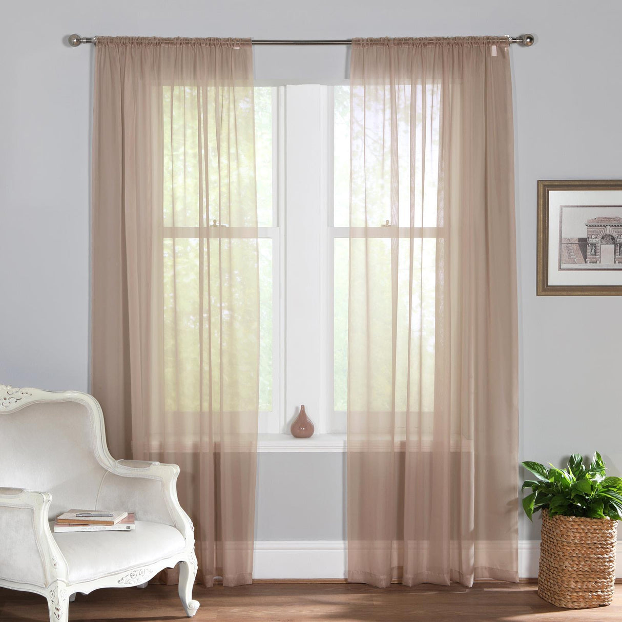 Plain Dyed Voile Curtain Panel Pair Latte