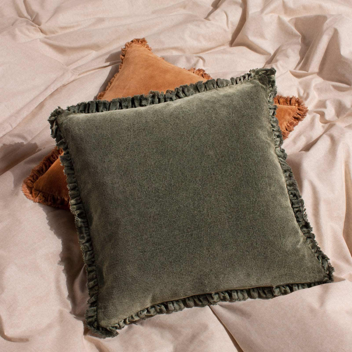 Bertie Washed Cotton Velvet Cushion Cover Moss