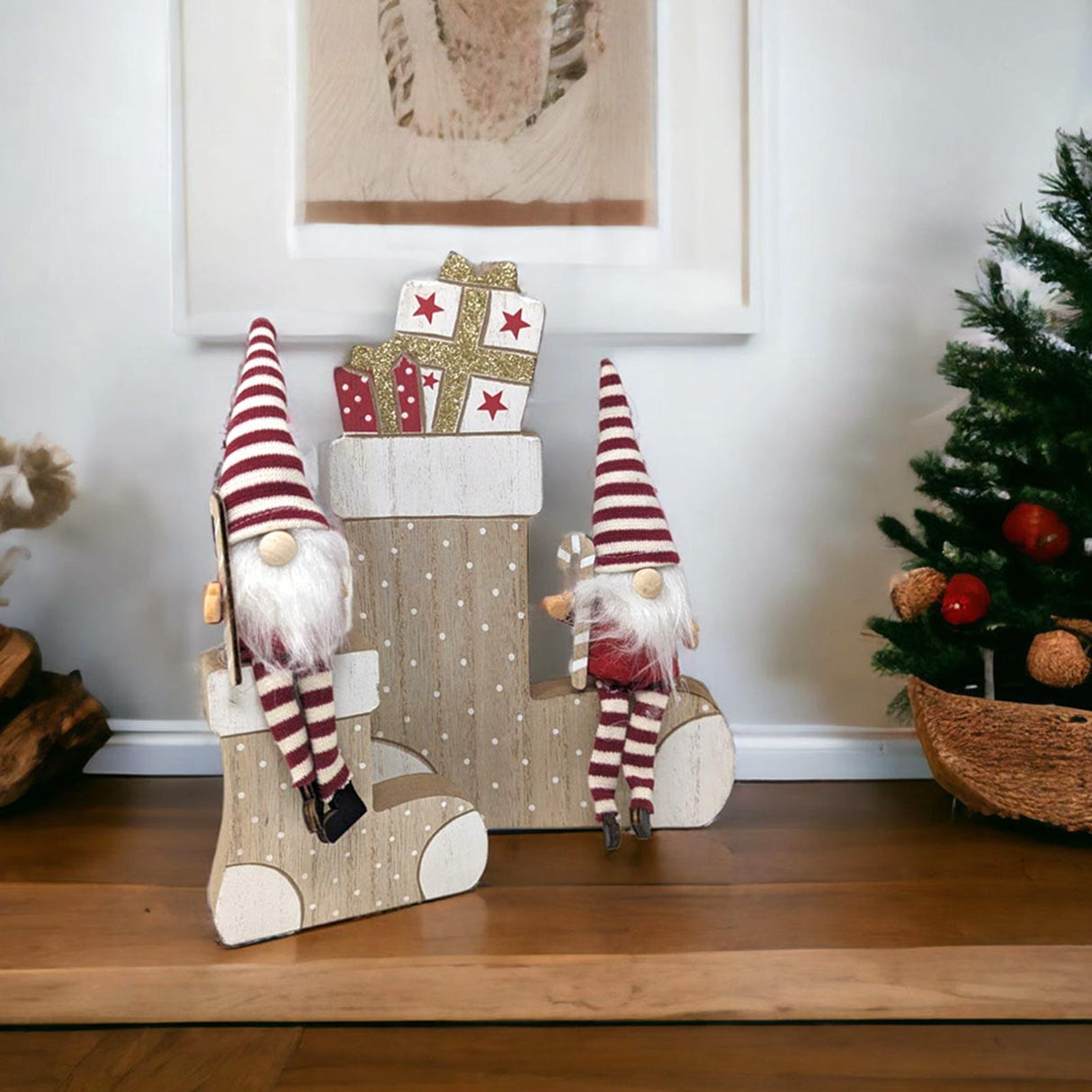 Candy Cane Gonk Wooden Stocking