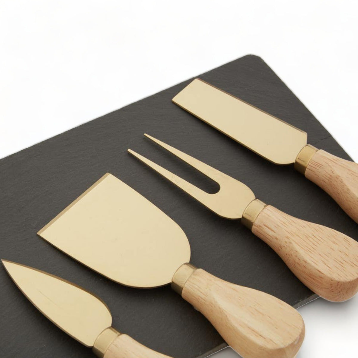 Set of 4 Gold Cheese Knives + Slate Tray