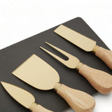 Set of 4 Gold Cheese Knives + Slate Tray