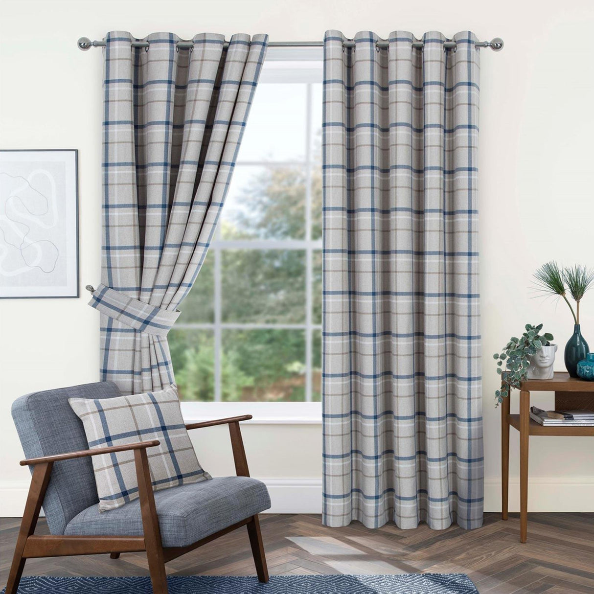 Hudson Woven Check Eyelet Curtains Blue