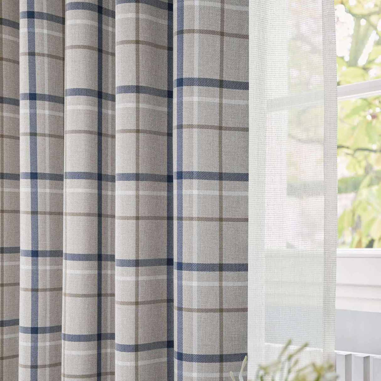 Hudson Woven Check Eyelet Curtains Blue