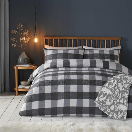 Seersucker Gingham Brushed Charcoal Duvet Cover Set