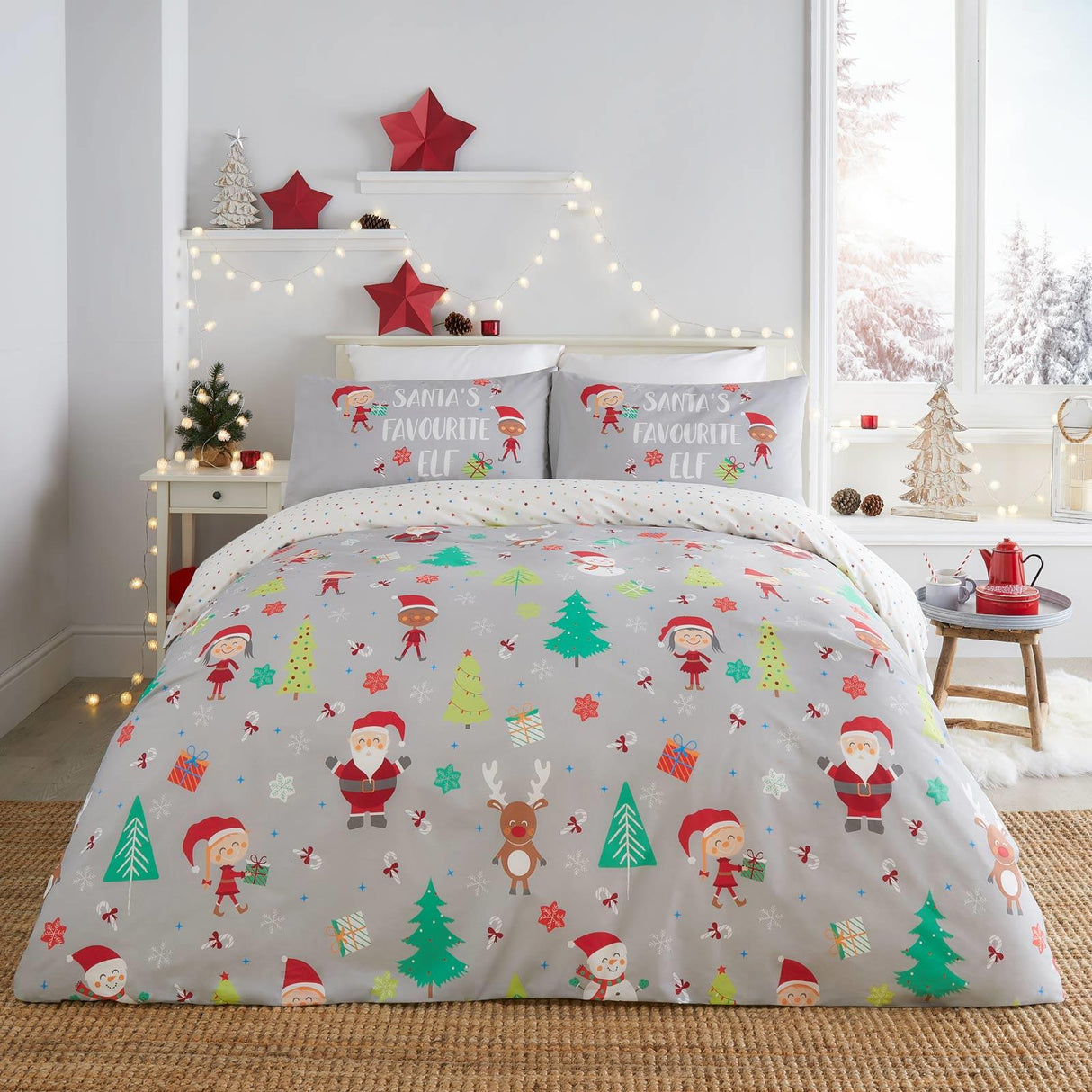 Elf & Santa Duvet Cover Set Grey