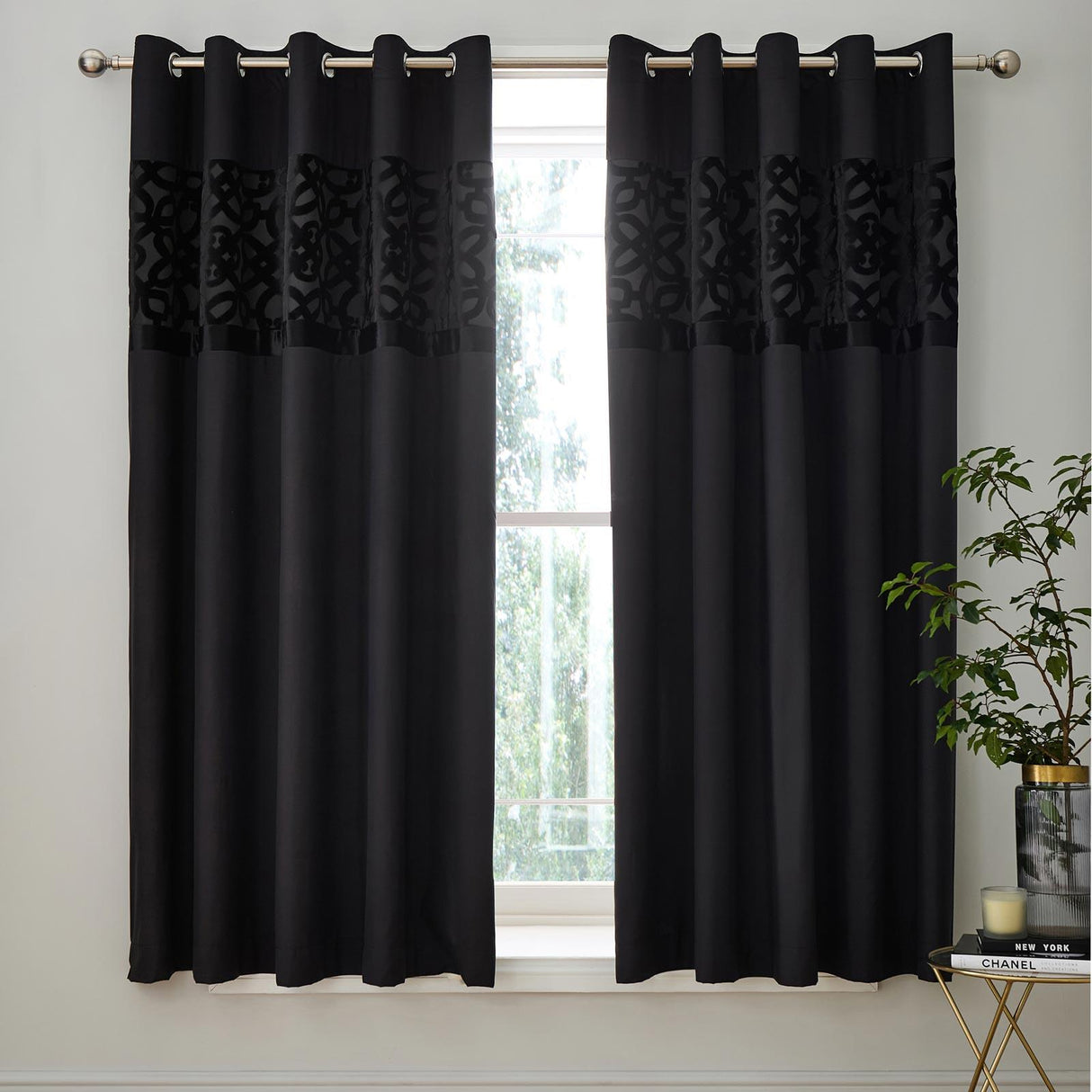 Lattice Cut Velvet Eyelet Curtains Black