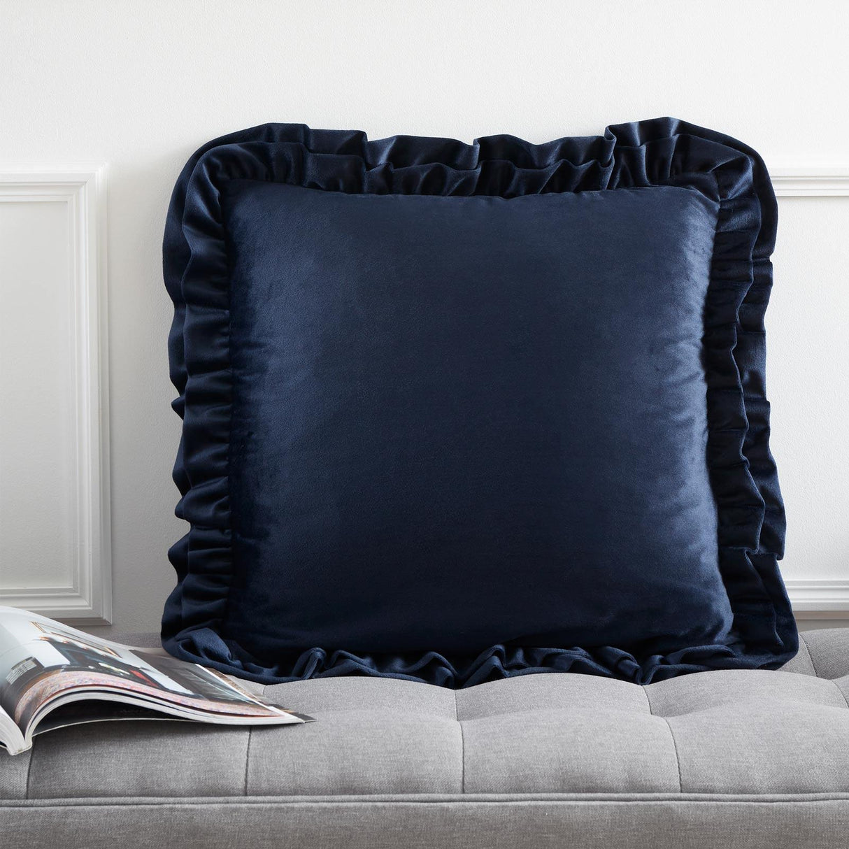 So Soft Velvet Touch Double Frill Cushion Navy