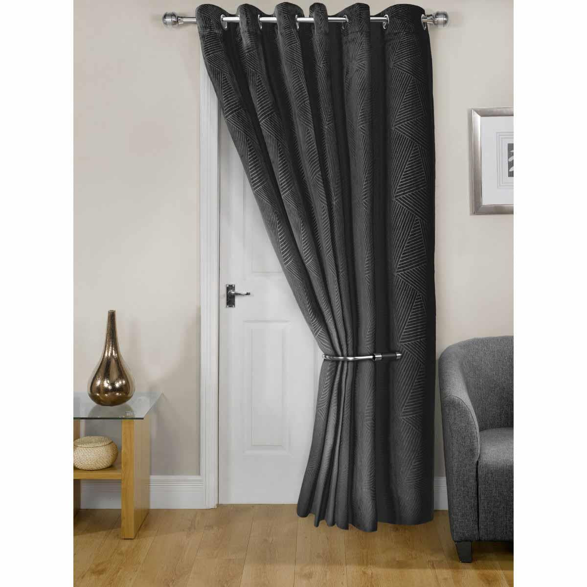 Midnight Thermal Eyelet Door Curtain Embossed Velvet Woven Black