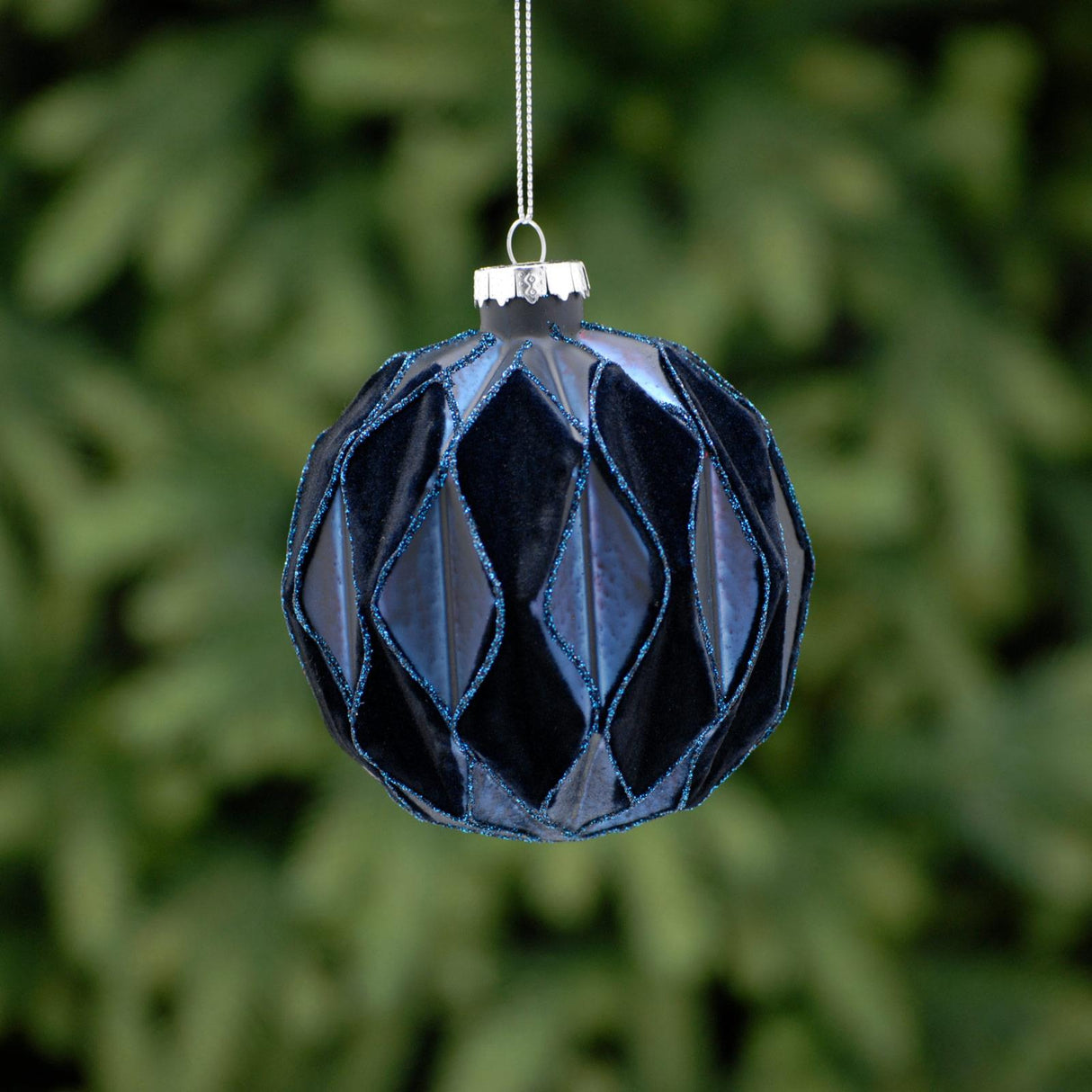 Navy Flocked Geometric Segments Glass Ball 10cm