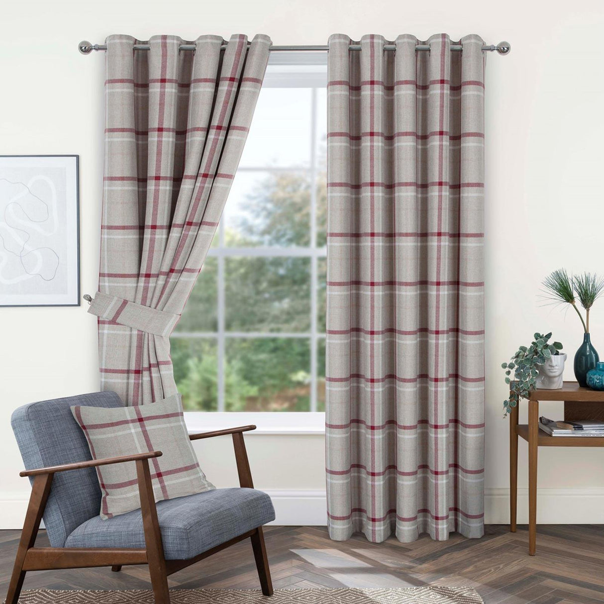 Hudson Woven Check Eyelet Curtains Red