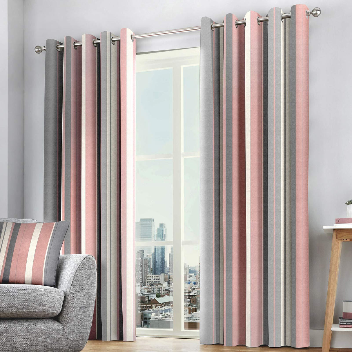 Whitworth Stripe Eyelet Curtains Striped Ready Made Lined Ring Top Curtain Pairs