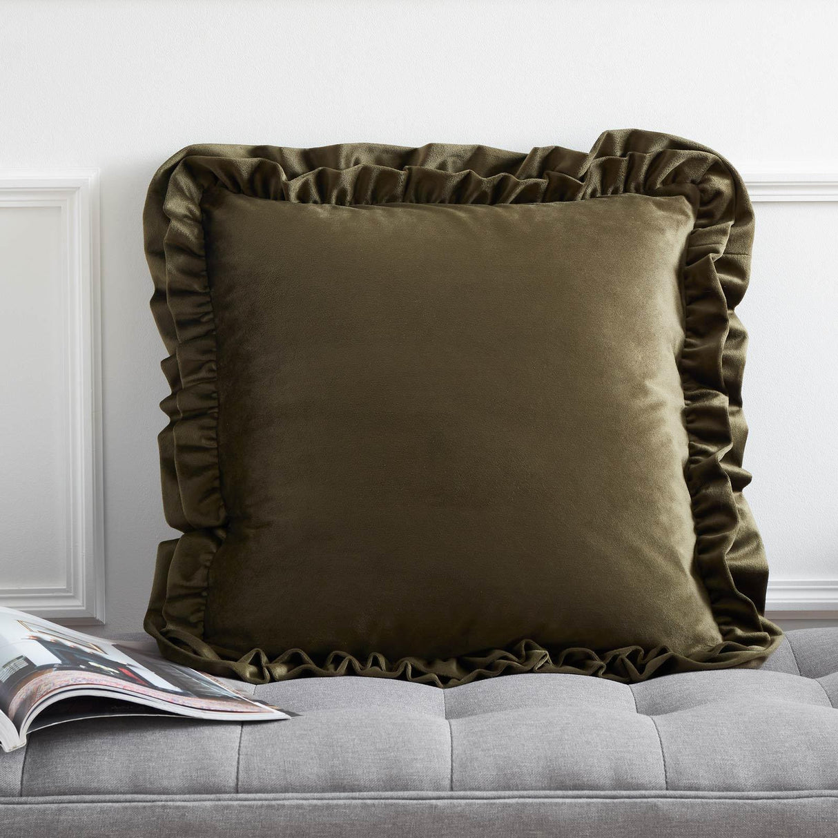 So Soft Velvet Touch Double Frill Cushion Olive