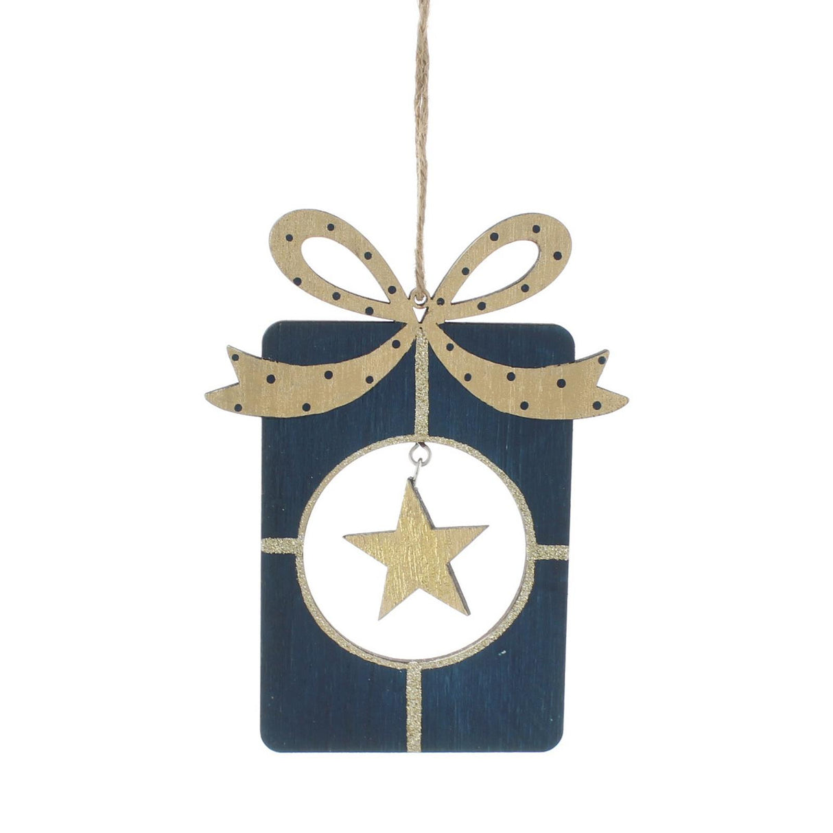 Wooden Blue Present & Star Hanging Decoration