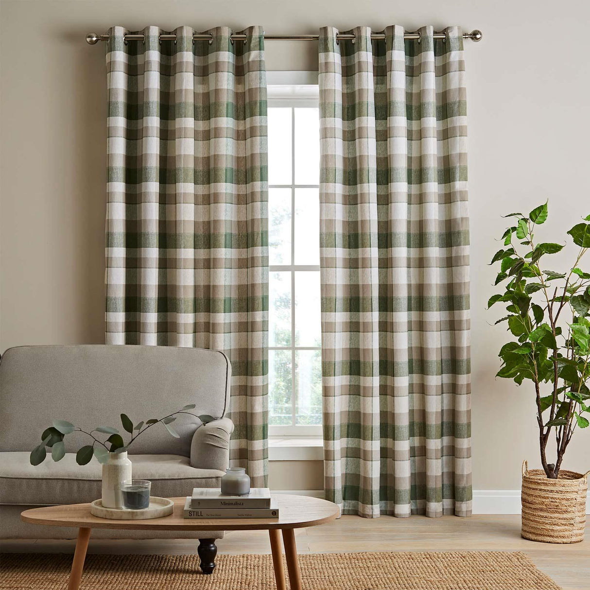 Brushed Cotton Thermal Check Eyelet Curtains Green