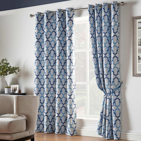 Blackout Curtains Georgia Trellis Ochre Blue Thermal Ring Eyelet Curtain Pairs