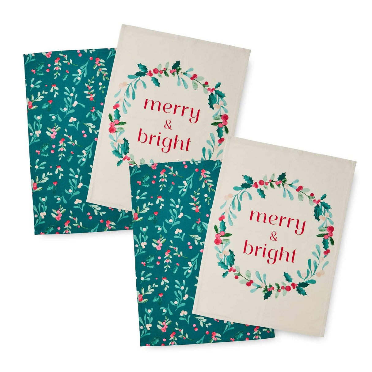 Christmas Holly & Mistletoe Tea Towel 4 Pack