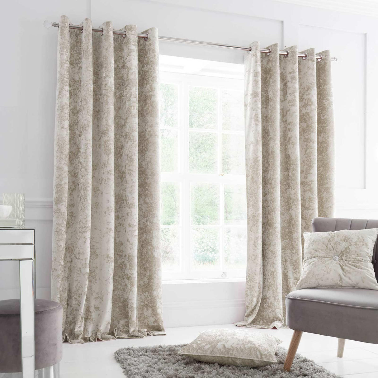 Crushed Velvet Eyelet Curtains Natural