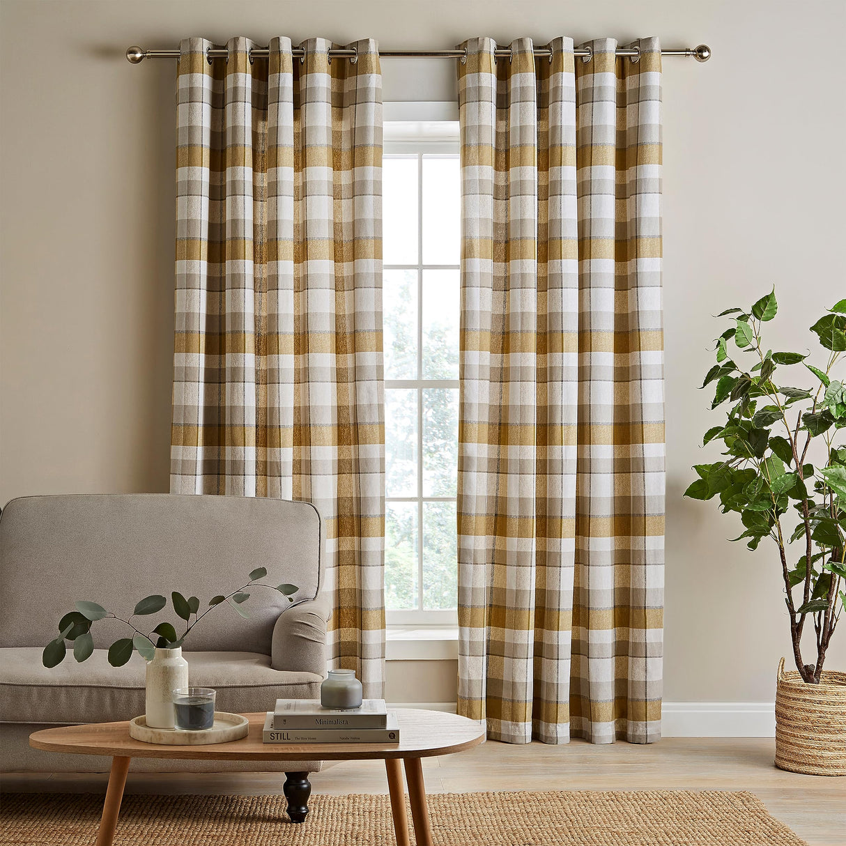 Catherine Lansfield Brushed Cotton Thermal Check 46x54 Inch Lined Eyelet Curtains Two Panels Ochre Yellow