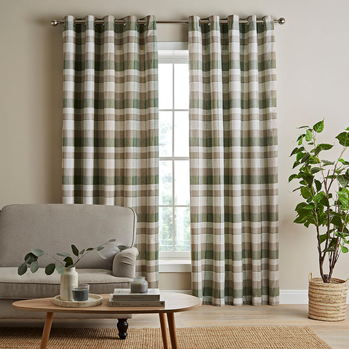 Catherine Lansfield Brushed Cotton Thermal Check 46x54 Inch Lined Eyelet Curtains Two Panels Ochre Yellow