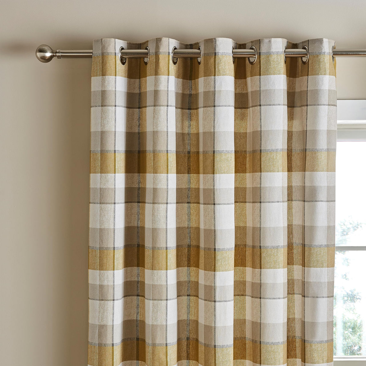 Catherine Lansfield Brushed Cotton Thermal Check 46x54 Inch Lined Eyelet Curtains Two Panels Ochre Yellow