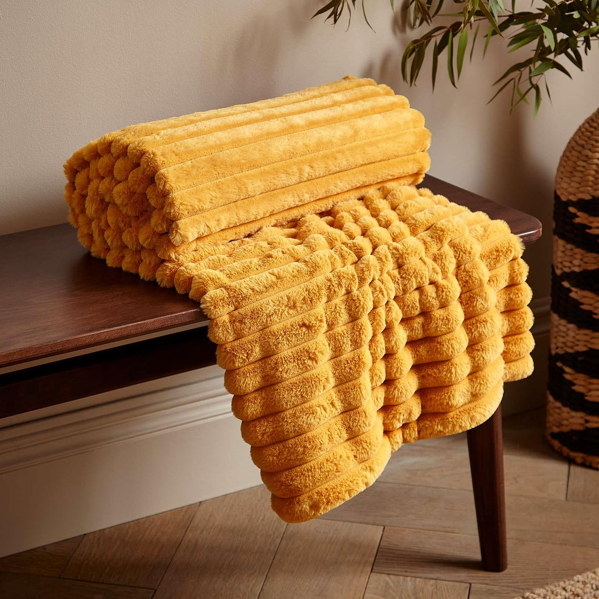 Cosy Ribbed Faux Fur Throw Mustard