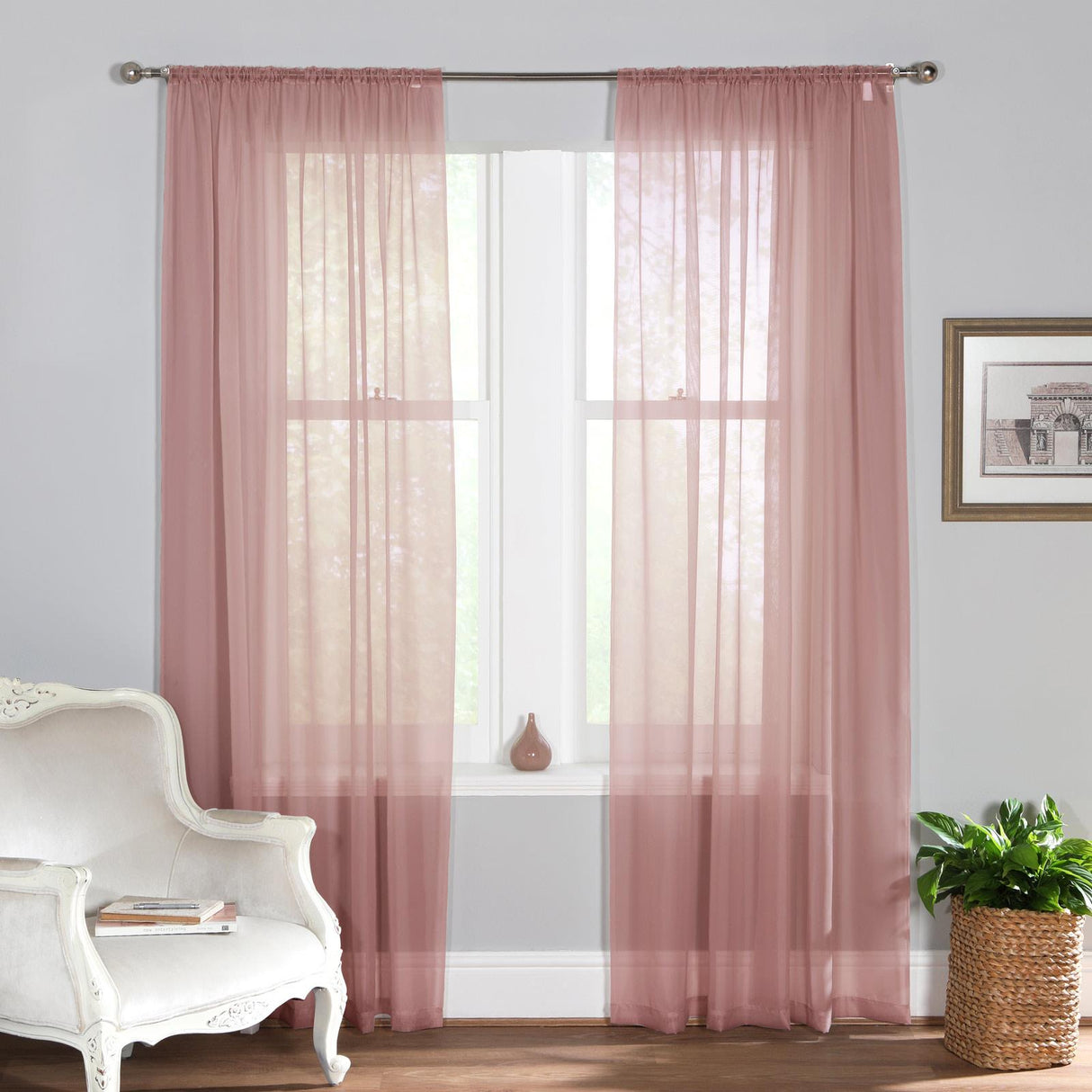 Plain Dyed Voile Curtain Panel Pair Blush Pink