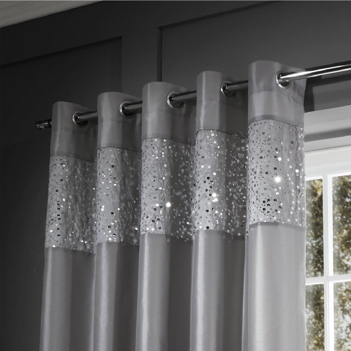 Glitzy Eyelet Curtains Grey