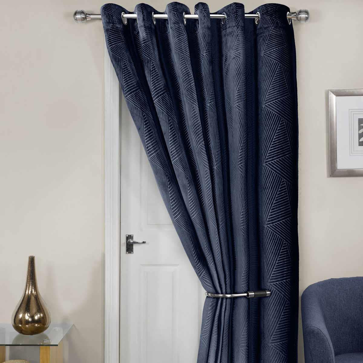 Midnight Thermal Eyelet Door Curtain Embossed Velvet Woven Navy Blue