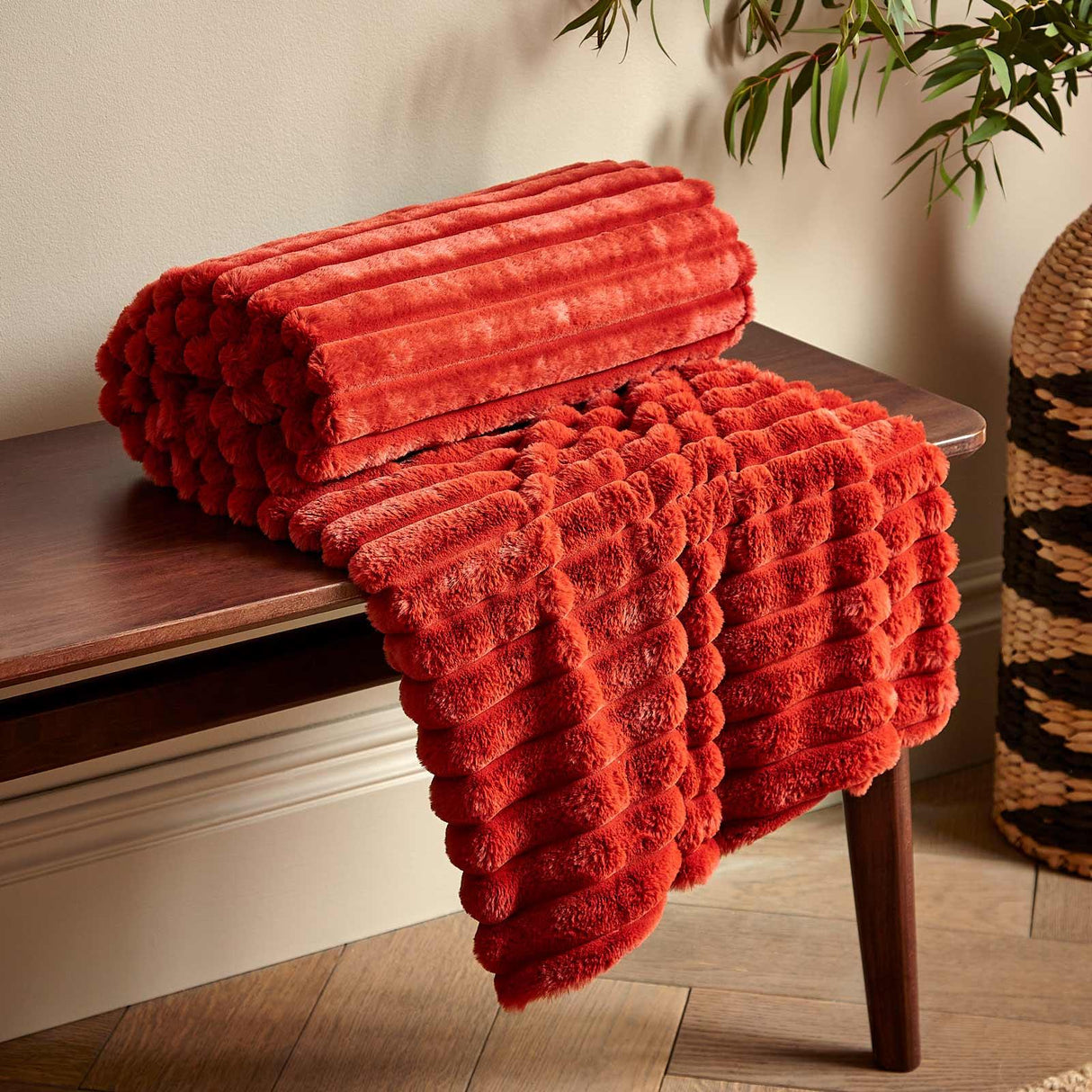 Cosy Ribbed Faux Fur Throw Burnt Orange