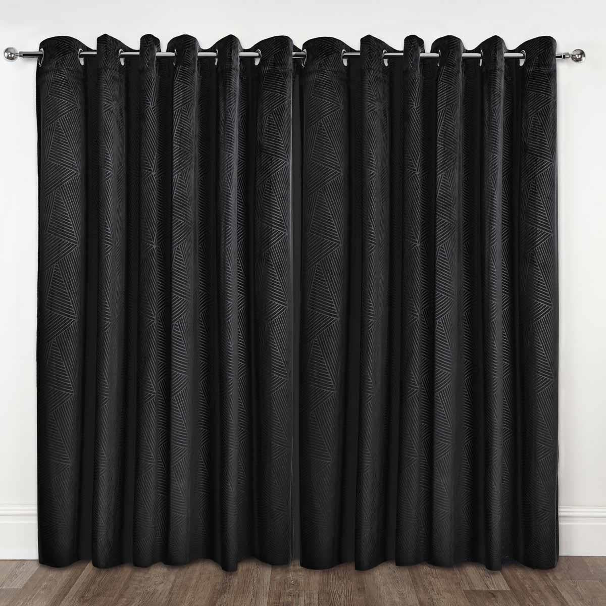 Thermal Blackout Eyelet Curtains Embossed Velvet Woven Black