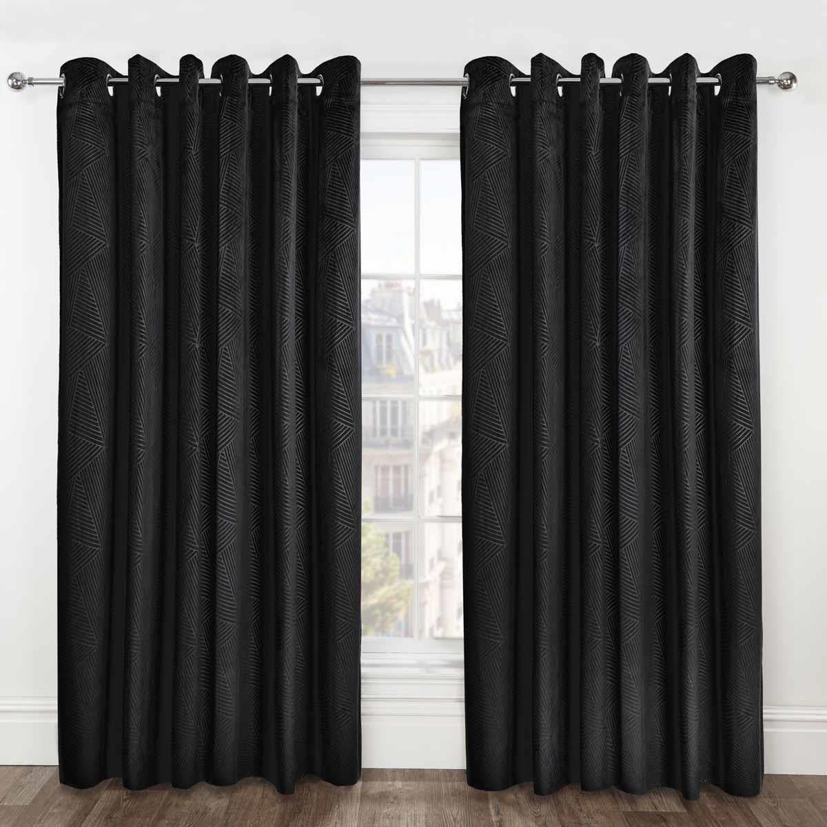 Thermal Blackout Eyelet Curtains Embossed Velvet Woven Black