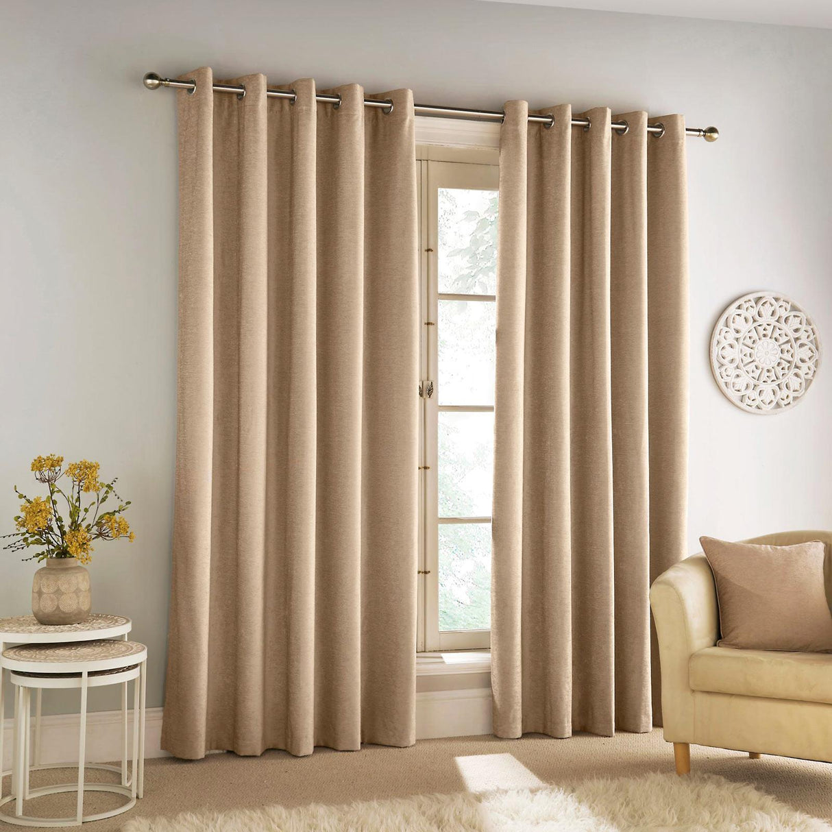 Savoy Blackout Eyelet Curtains Sand 66" x 90"