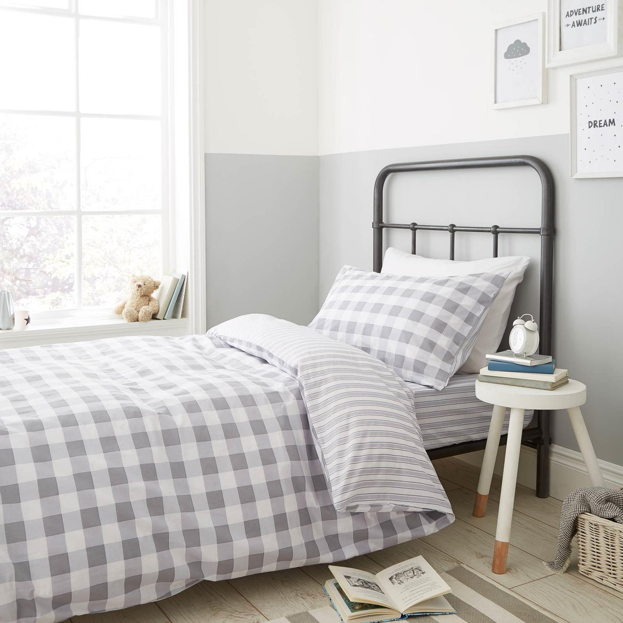 Check and Stripe Duvet Cover Set Grey