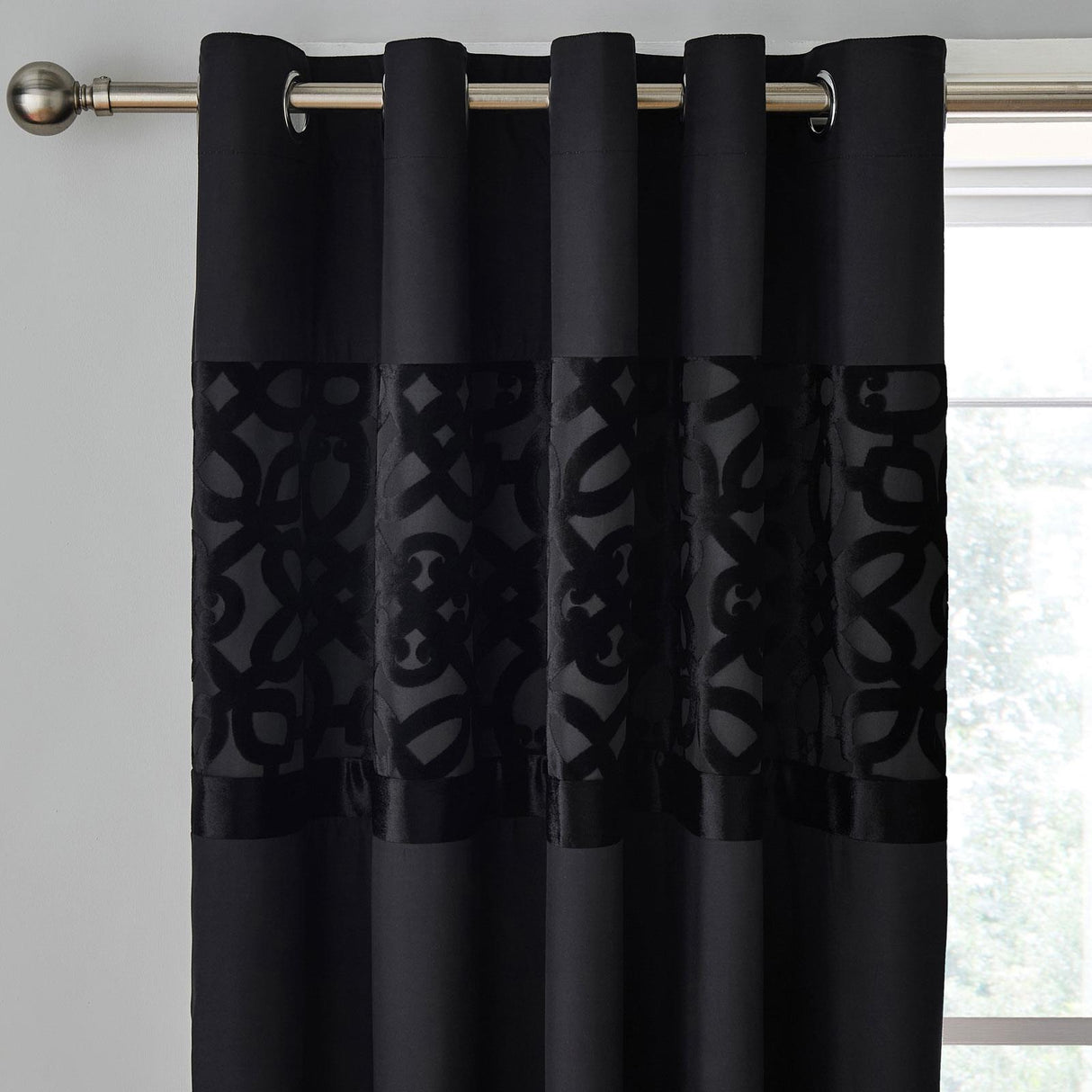 Lattice Cut Velvet Eyelet Curtains Black