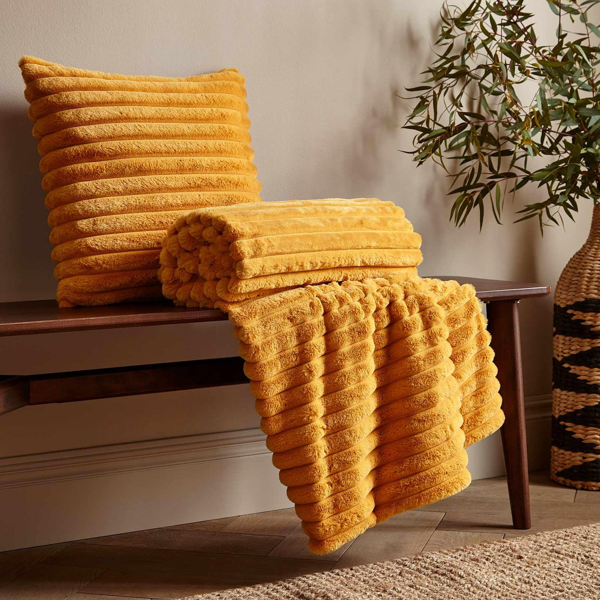 Cosy Ribbed Faux Fur Throw Mustard