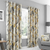 Ochre Eyelet Curtains Ensley Leaf Print Ready Made Ring Top Lined Curtain Pairs