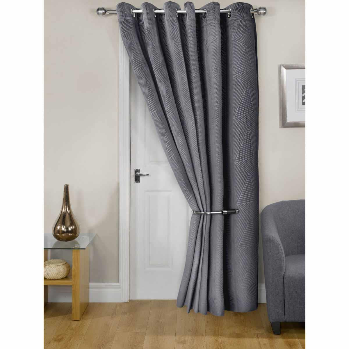 Midnight Thermal Eyelet Door Curtain Embossed Velvet Woven Charcoal Grey