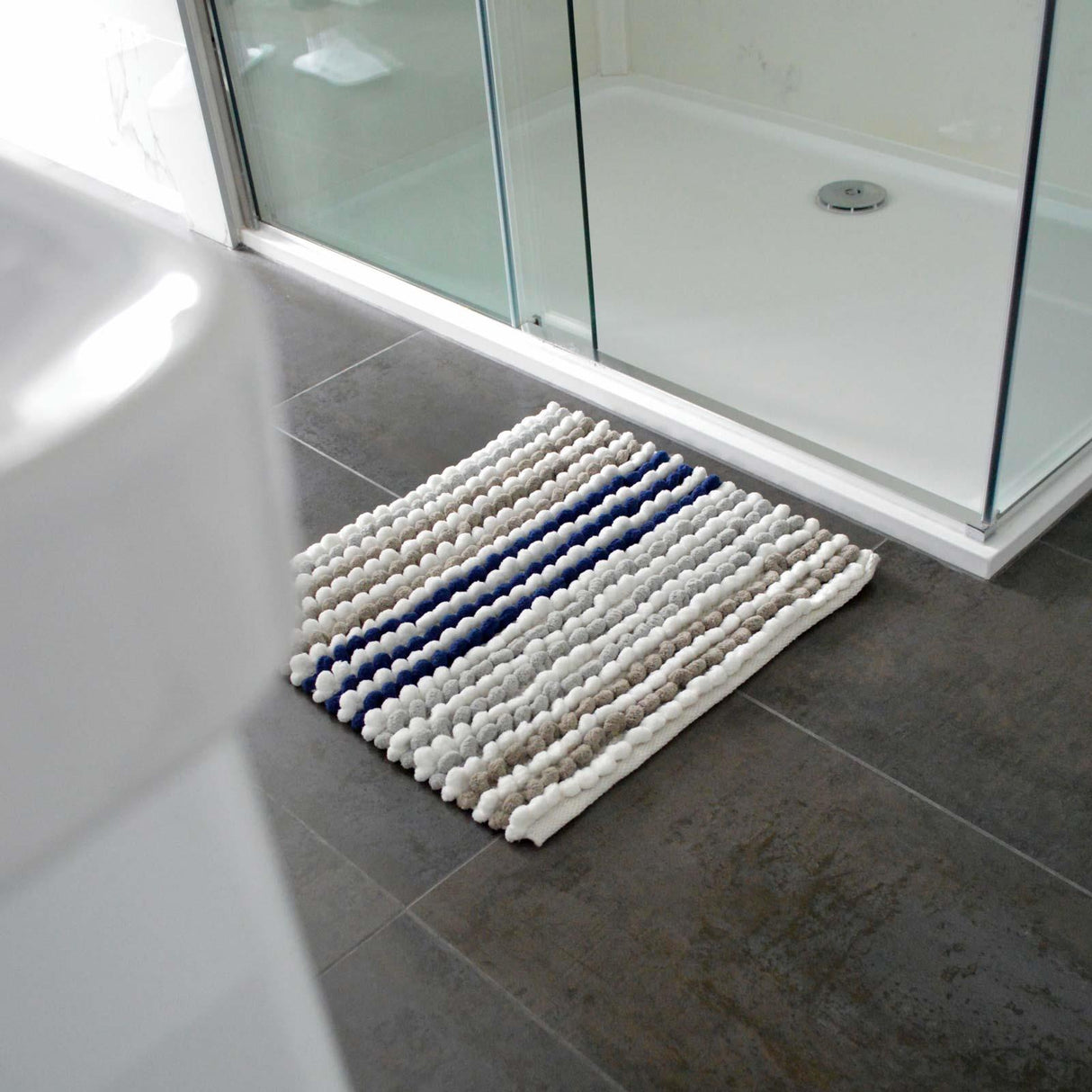 Merlin Stripe Chunky Bobble Shower Mat Navy