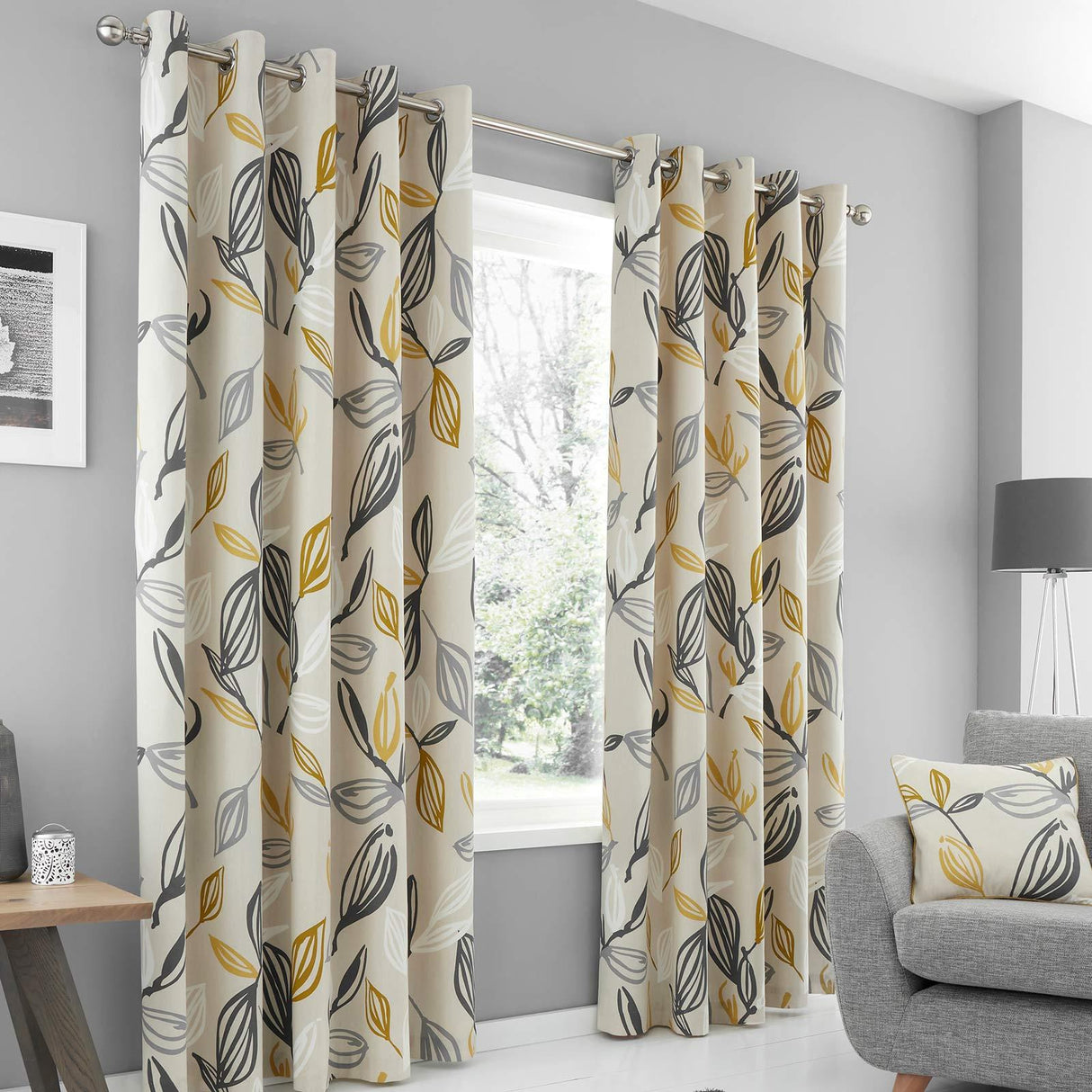 Ochre Eyelet Curtains Ensley Leaf Print Ready Made Ring Top Lined Curtain Pairs