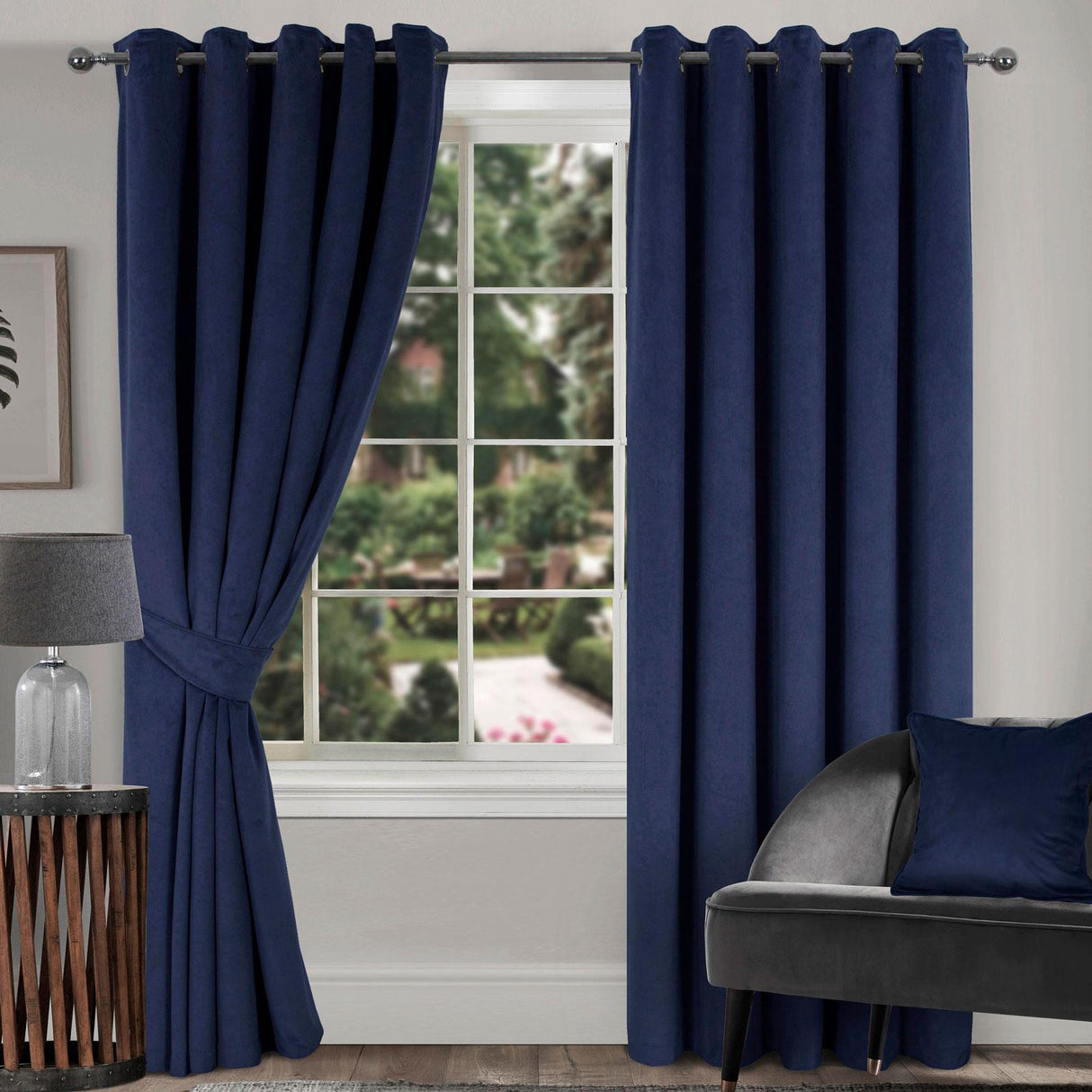 Thermal Interlined Velour Eyelet Curtains Navy