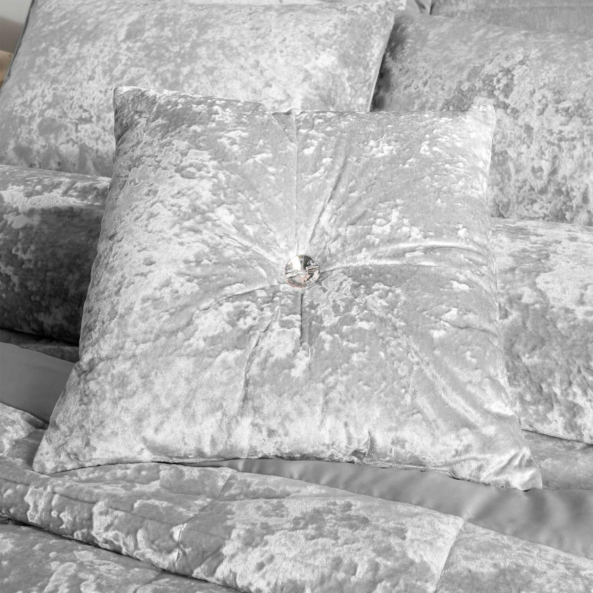 Crushed Velvet Diamante Cushion Silver