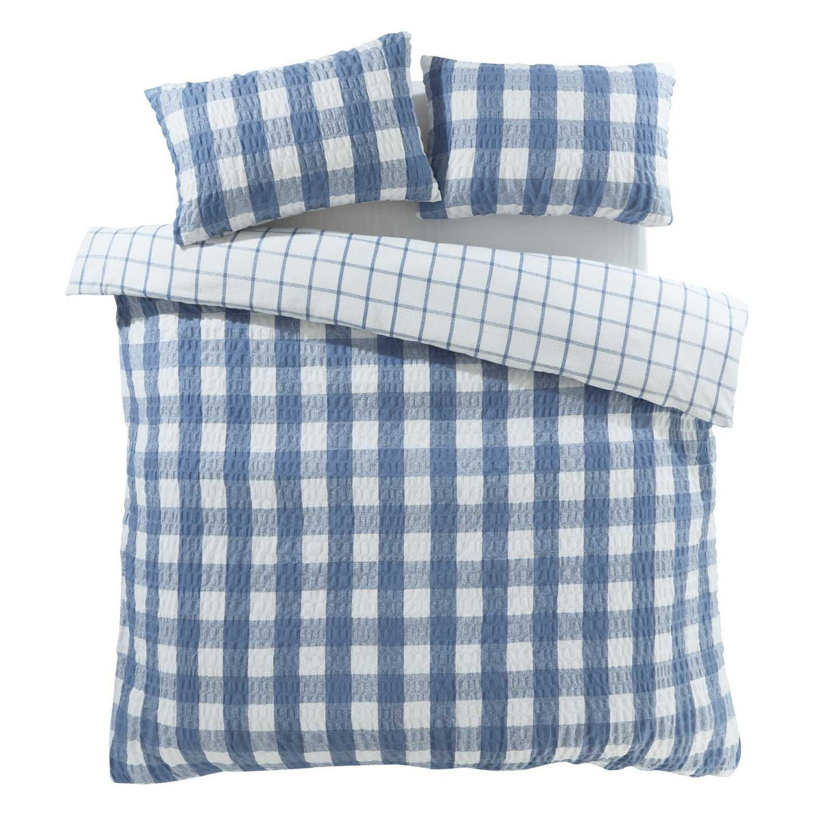 Brushed Seersucker Gingham Duvet Cover Set Blue