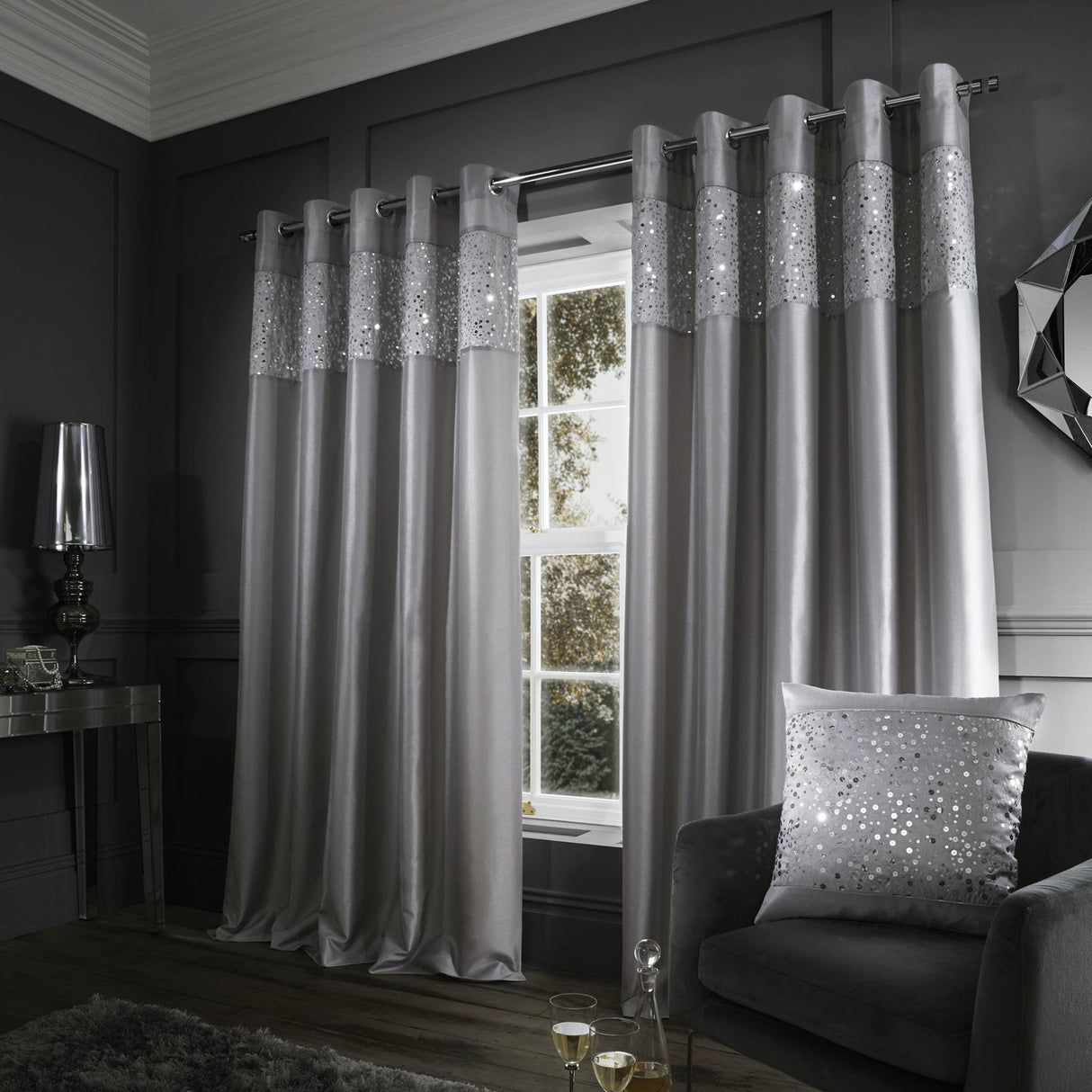 Glitzy Eyelet Curtains Grey