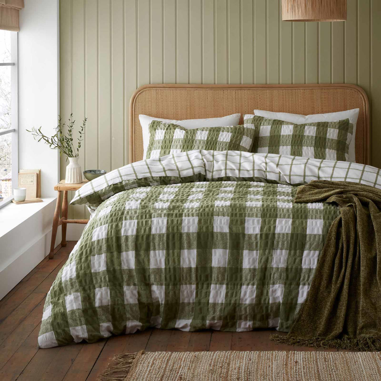 Brushed Seersucker Gingham Duvet Cover Set Olive