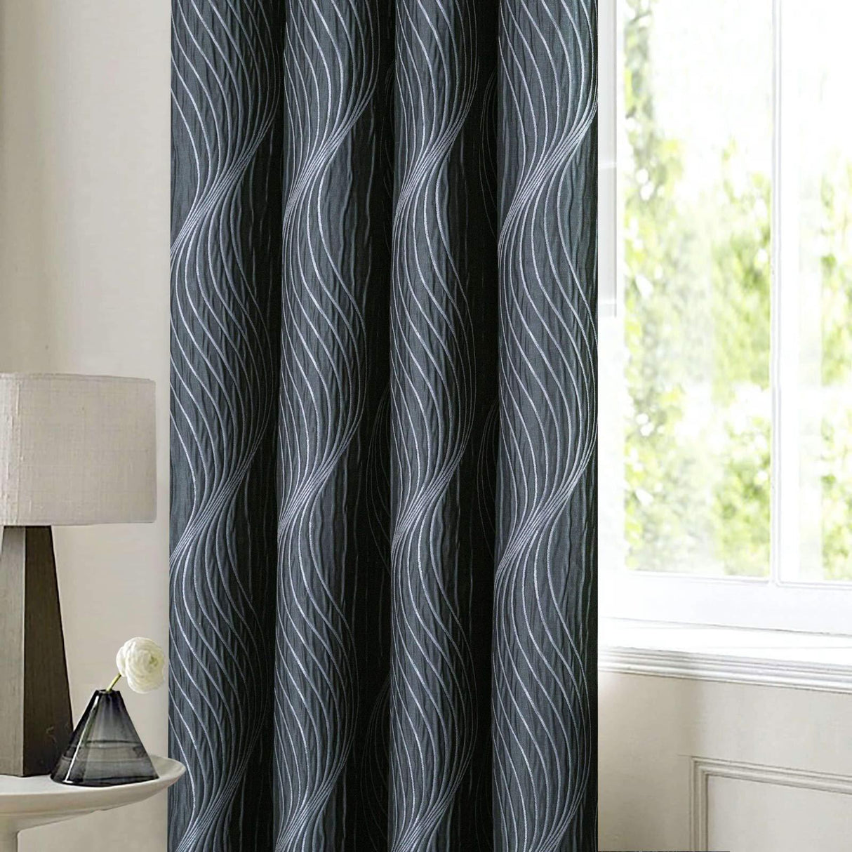 Zen Metallic Tape Top Curtains Charcoal