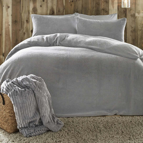 Sherpa Teddy Fleece Silver Duvet Cover Set