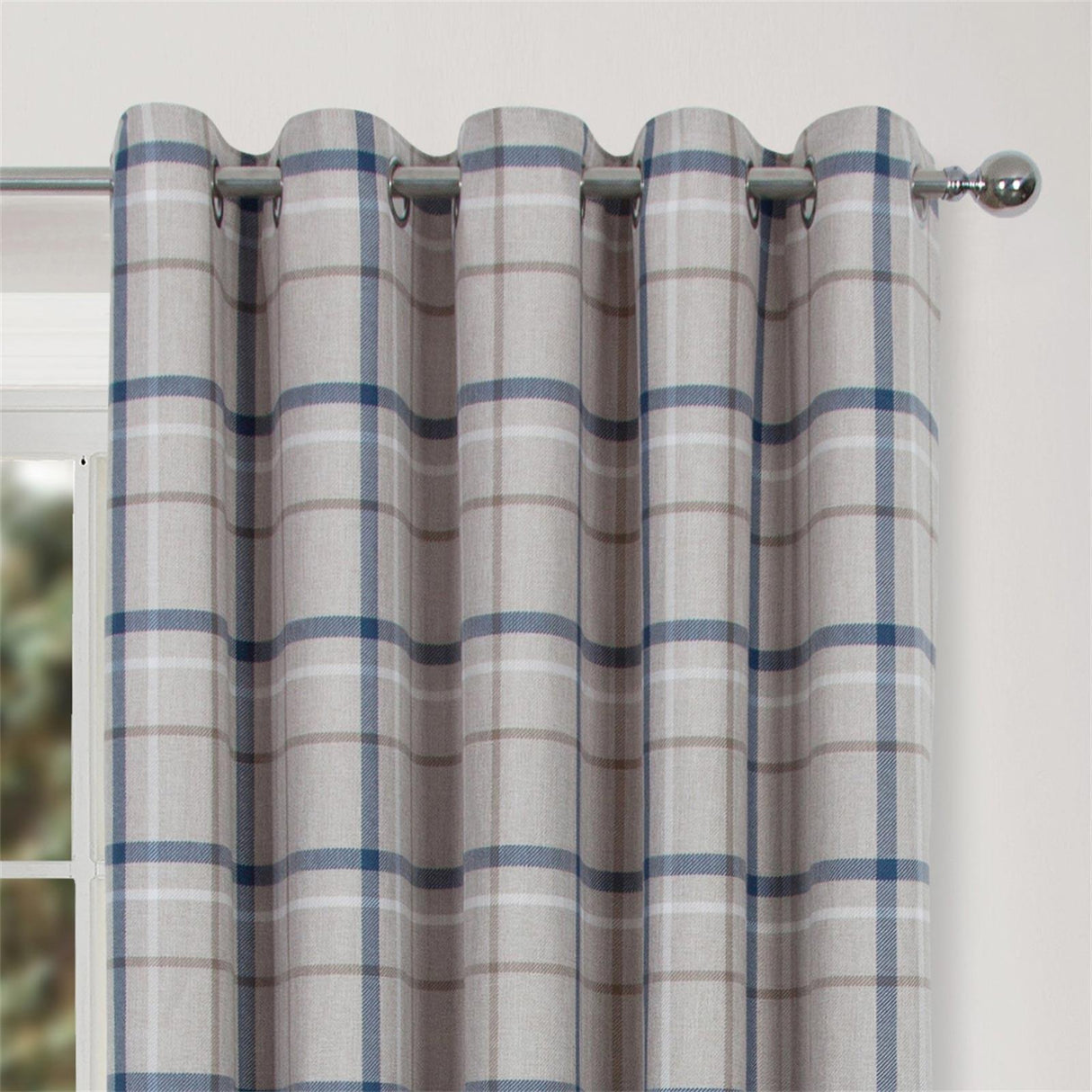 Hudson Woven Check Eyelet Curtains Blue