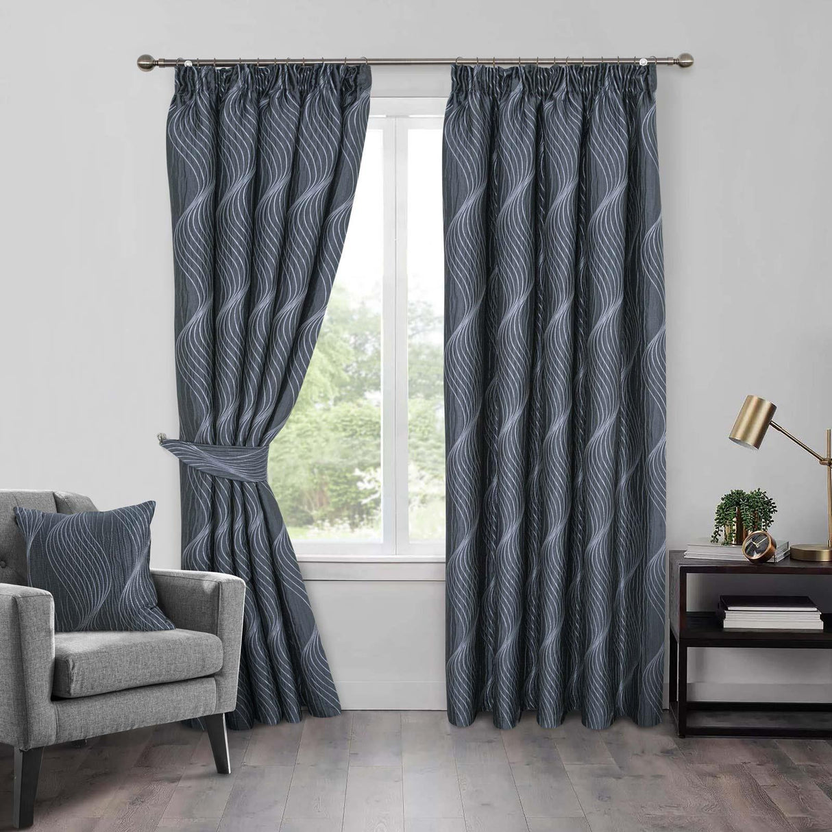 Zen Metallic Tape Top Curtains Charcoal