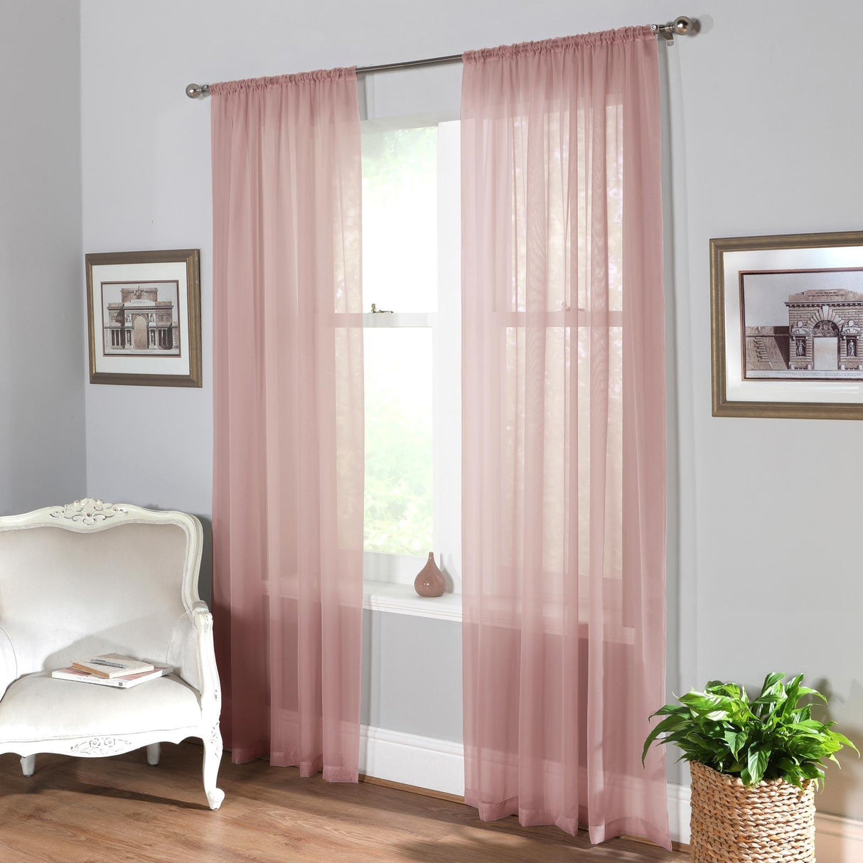 Plain Dyed Voile Curtain Panel Pair Blush Pink